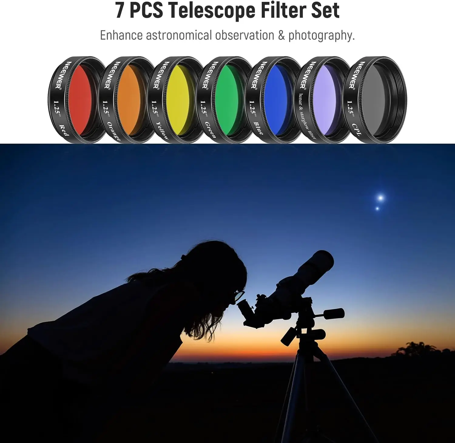 NEEWER 1.25 Inches Telescope Moon Filter CPL Filter 5 Color Filters Set Eyepieces Filters for Lunar Planetary Observation