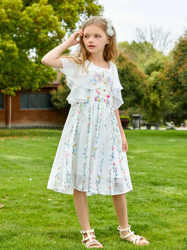 Girls Dresses Summer Floral Printed Ruffled White Princess Dresses