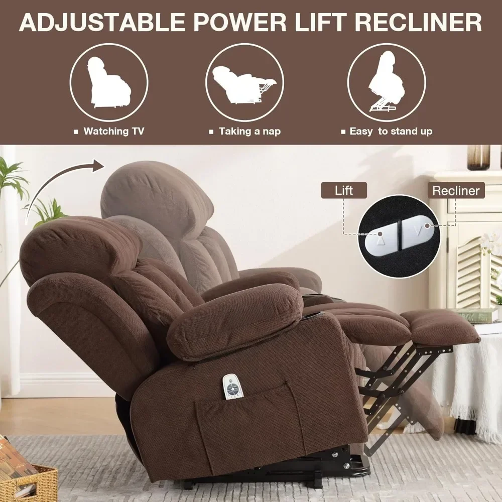 Power Lift Recliner Chair with Heat and Massage Electric Fabric Recliner Chair for Elderly with Side Pocket, USB Charge Port