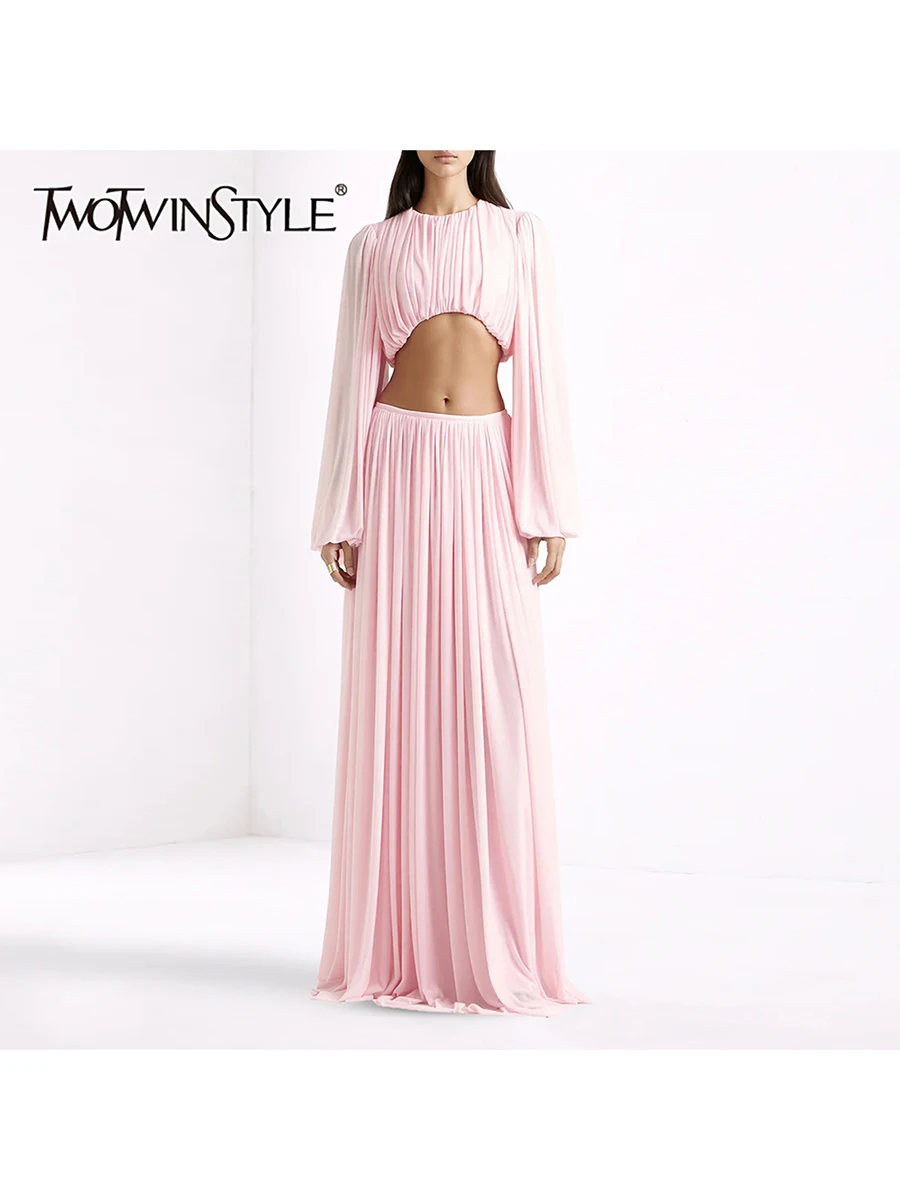 

TWOTWINSTYLE Solid Two Piece Sets for Women O Neck Long Sleeve Top High Waist Straight Skirt Slimming Set Female Fashion Clothes