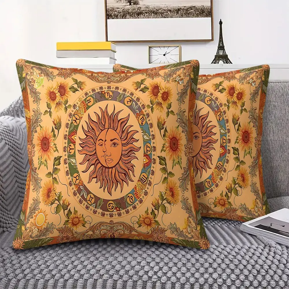 Throw Pillow Vintage Sun Zodiac Sunflower Cushion Accent Pillow 45×45cm Includes Pillow Core Boho Living Room Sofa Decor