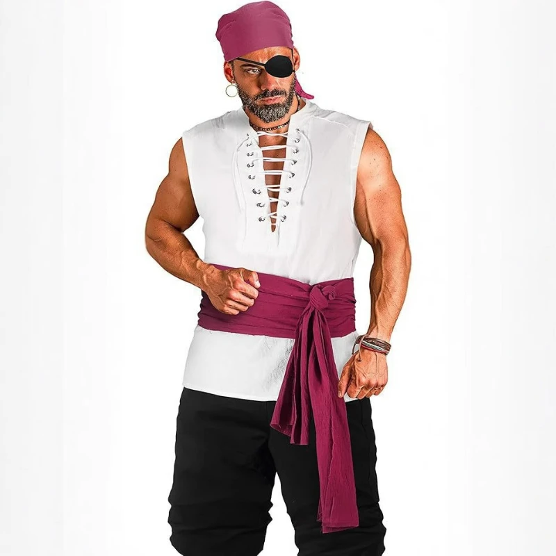 2-Piece Halloween Men's Renaissance Costume Set Medieval Pirate Shirt Ankle Strap Pants Comfortable Breathable and Skin-friendly