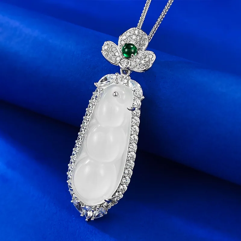 

S925 Silver String Bean Jade Pendant Necklace for Women's Tongue Fudouzi Versatile Sweater Chain Wholesale