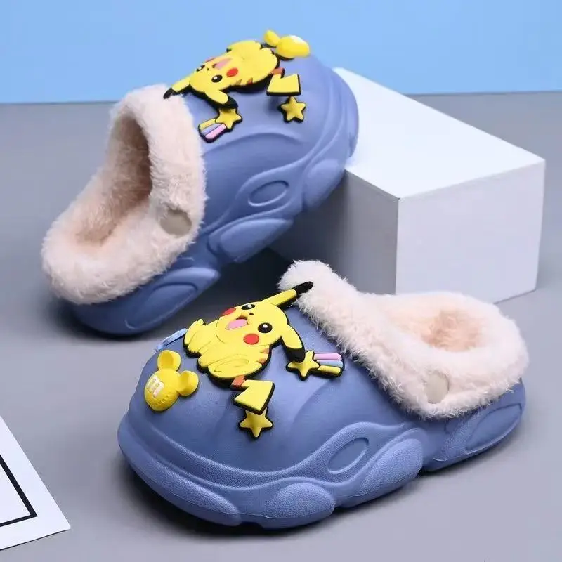 

real photos 2025 autumn winter new Home Cute Pikachu Anti Slip fashion children's kids yellow blue plus warm cotton Slippers