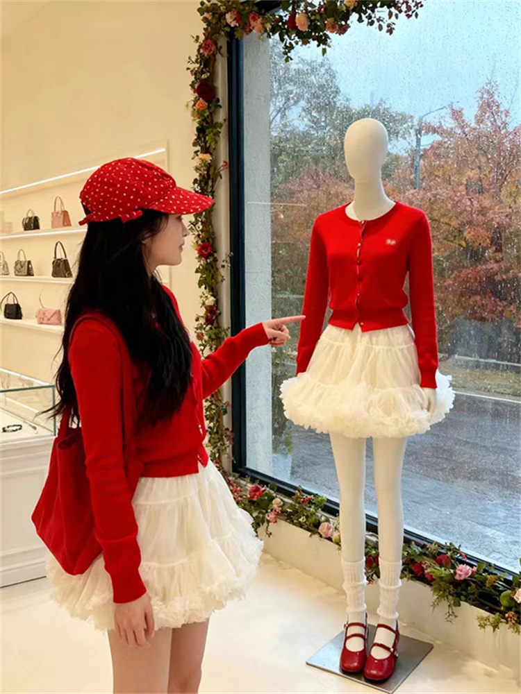 

Sweet Girl Style Knitted Two-Piece Set Women's Open Cardigan Top And Puffy Skirt Autumn New Arrival Korean Style Fashion