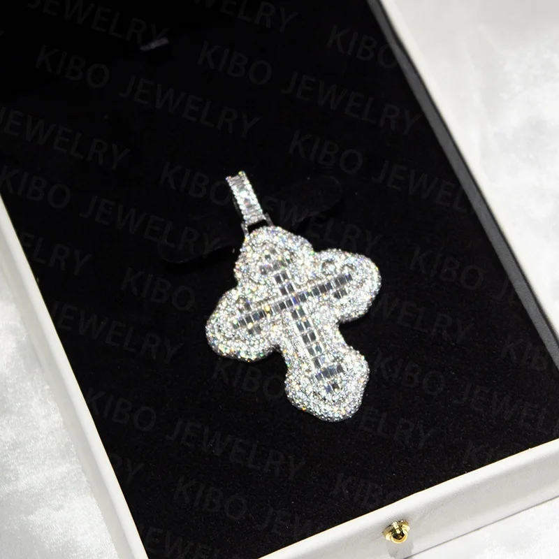 Hip Hop 925 Sterling Silver Baguette Full Iced Out Moissanite Diamond Cross Pendant