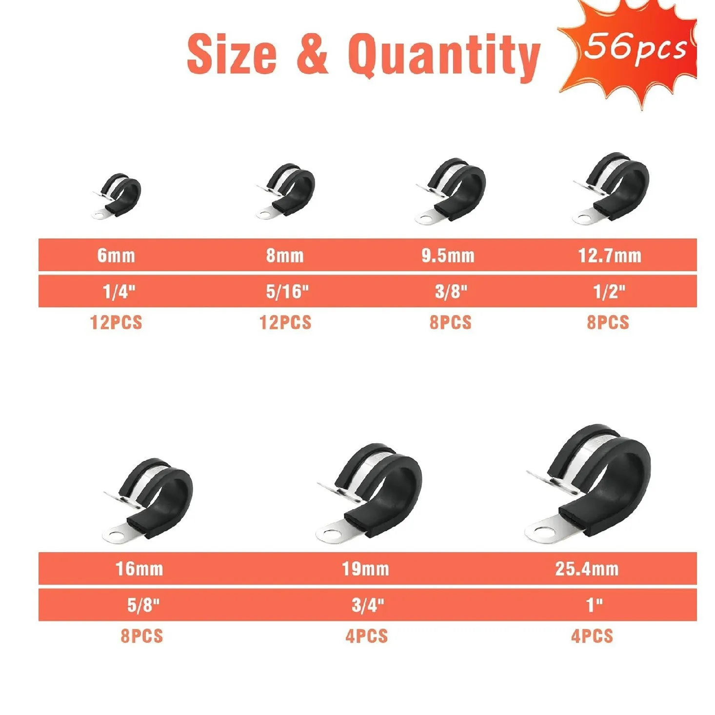 56Pcs Cable Clamp Set 304 Stainless Steel with Rubber Pad Tube Clamp Six Sizes for Electrical Engineering And DIY Projects