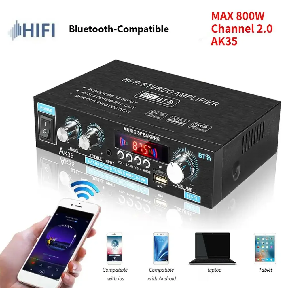 

HiFi цифровые AK35 Bluetooth усилители MP3-канальный 2,0 звуковой усилитель Поддержка 110 В-240 В для домашнего автомобиля FM USB пульт дистанционного управления