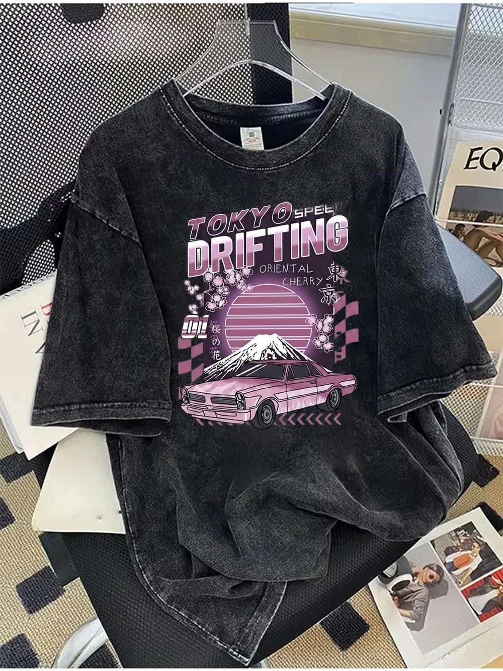 Aesthetic Tokyo Drifting T-Shirt Washed Cotton Vintage Car Graphic Tee Retro Sunset Short Sleeve Top Harajuku Style Streetwear