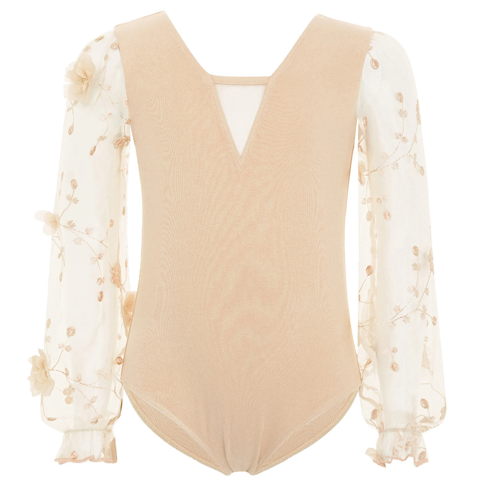 Justaucorps de danse à fleurs 3D pour enfants filles, Costume de spectacle, col en v brodé, maille transparente, manches longues bouffantes, justaucorps de Ballet