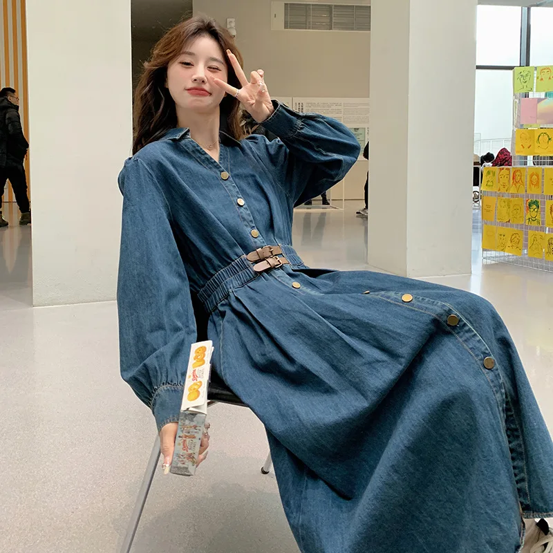 فستان نسائي فرنسي ريترو أزرق من قماش الدنيم بصدر واحد صغير على شكل حرف v على شكل حرف a فساتين تنحيف الخصر على الموضة لربيع الخريف