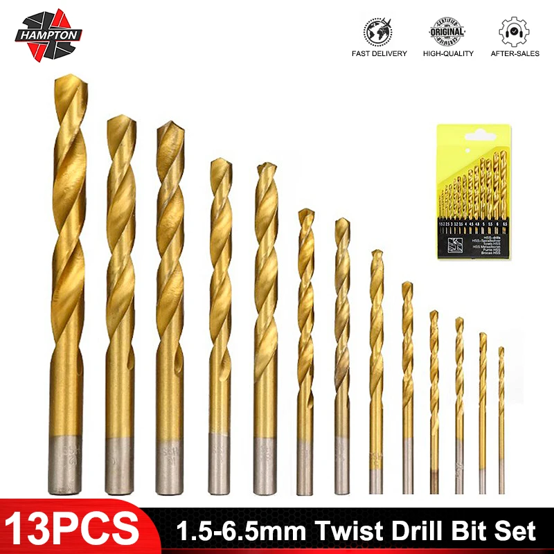 Twist Drill Bit Set 13pcs/set HSS Gun Drill Bits 1.5-6.5mm Titanium Coated Hole Cutter for Power Tools Woodworking Metal Tools