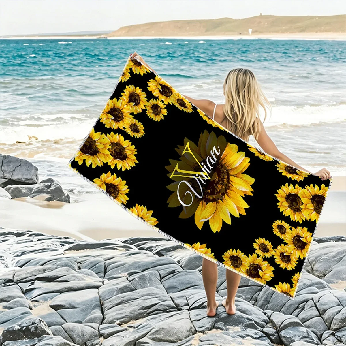Custom Sunflower-Themed Beach Towel, Customizable Letter/Name, Quick-Drying And Non-Fading Seaside Bath Towel, Suitable For Swim