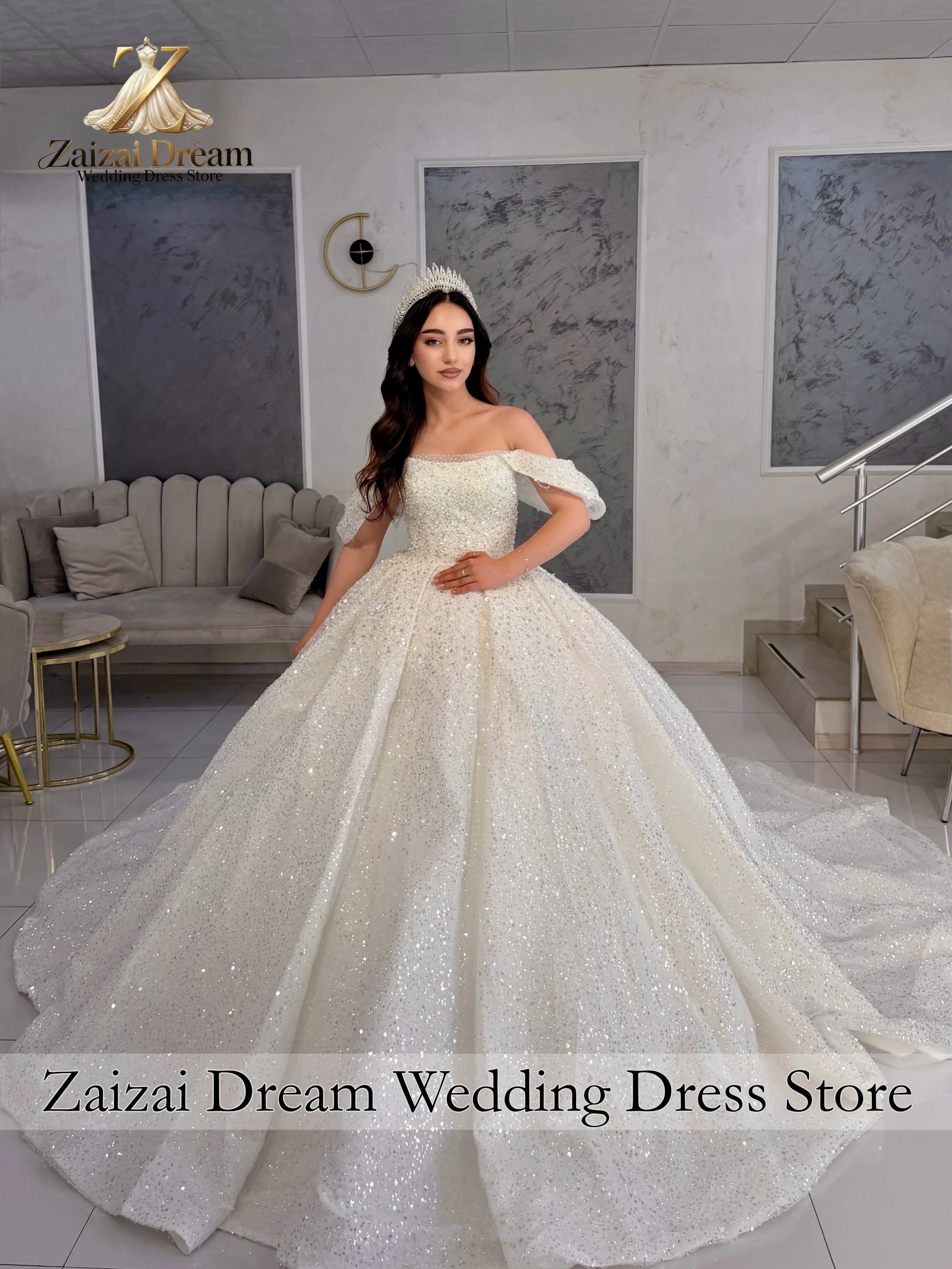 CustomizedSparkly Ball Gown Wedding Dress Square Neck Off Shoulder Princess Bridal Gown Glitter Cathedral Train Vestido De Novia