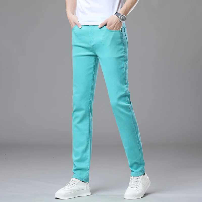 Spring New Men's Fitted Straight Jeans Comfortable Elastic Fashion Trendy Man Casual Denim Pants Brand Trousers Red Green Yellow