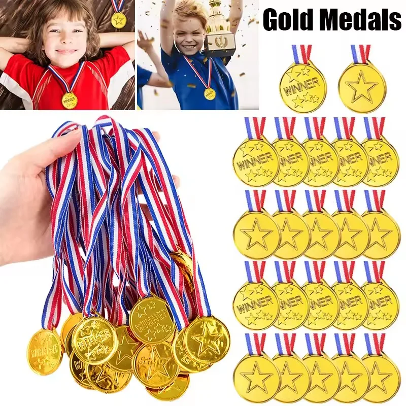 10 médailles dorées pour enfants avec ruban de cou, médailles de récompense en plastique en forme d'étoile pour les compétitions sportives, les jeux, les fêtes d'anniversaire