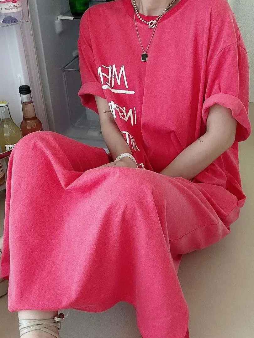 plus Size Summer New Lazy Letter Print Design Loose Long T-Shirt Dress Women High Waist Polyester Fiber Outdoor Wear Spring