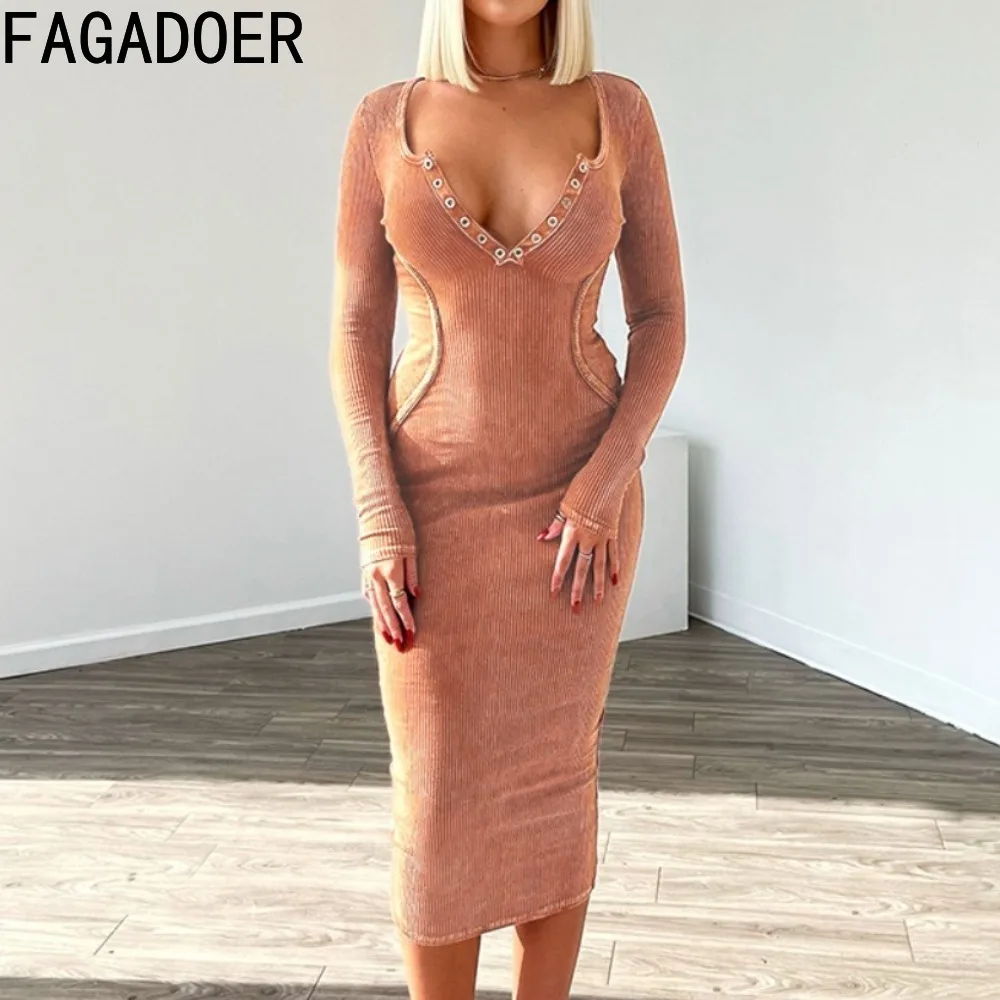 

FAGADOER Fashion High Quality Elastic Ribber Bodycon Dresses Women Deep V Long Sleeve Slim Vestidos Elegant Lady Streetwear 2024