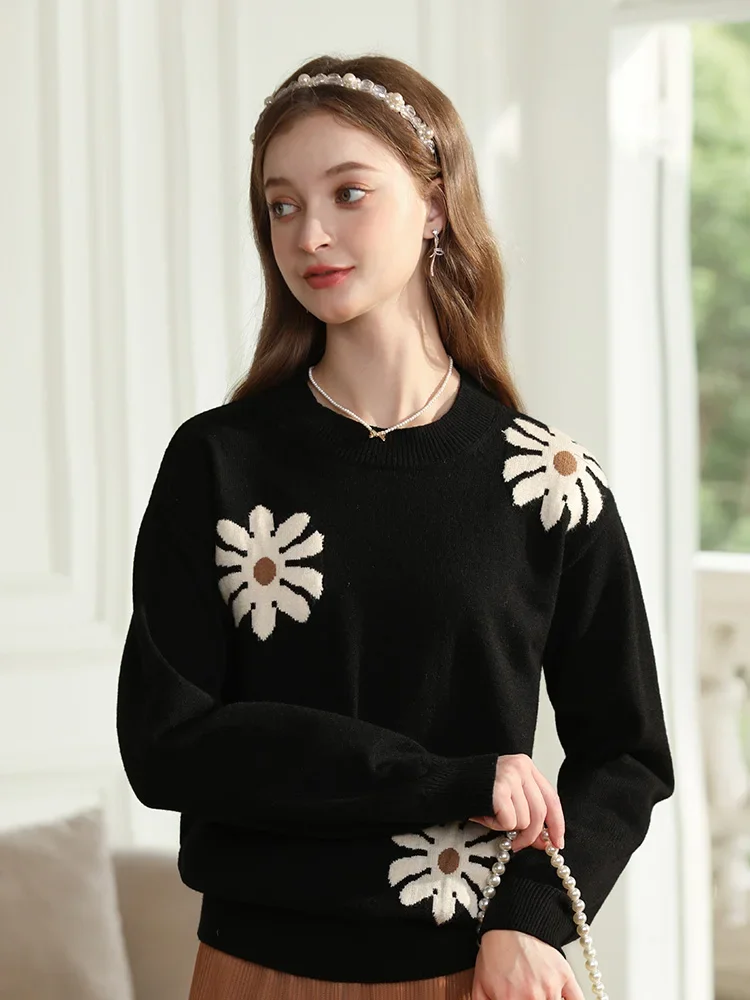 I BELIEVE YOU Small Black Daisy Sweater For Women 2023 Knitted Tops Lazy Loose Soft Winter New Comfy Fleece Jumper 2234125285