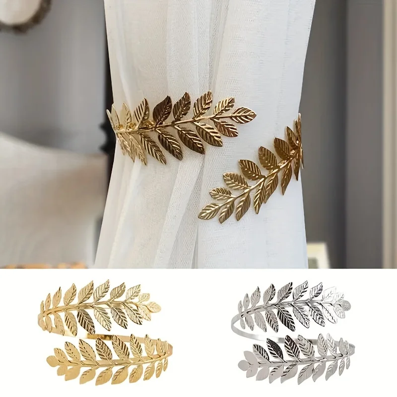 2 metal leaf curtain straps with adjustable decorative curtain rings, especially suitable for thin gauze curtains
