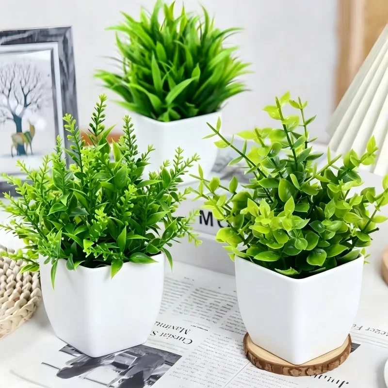 Mini Plantas Artificiais em Vaso Branco, Eucalipto Falso, Bonsai Verde para Decoração de Casa, Escritório, Fazenda, Banheiro, Prateleira e Ambientes Internos