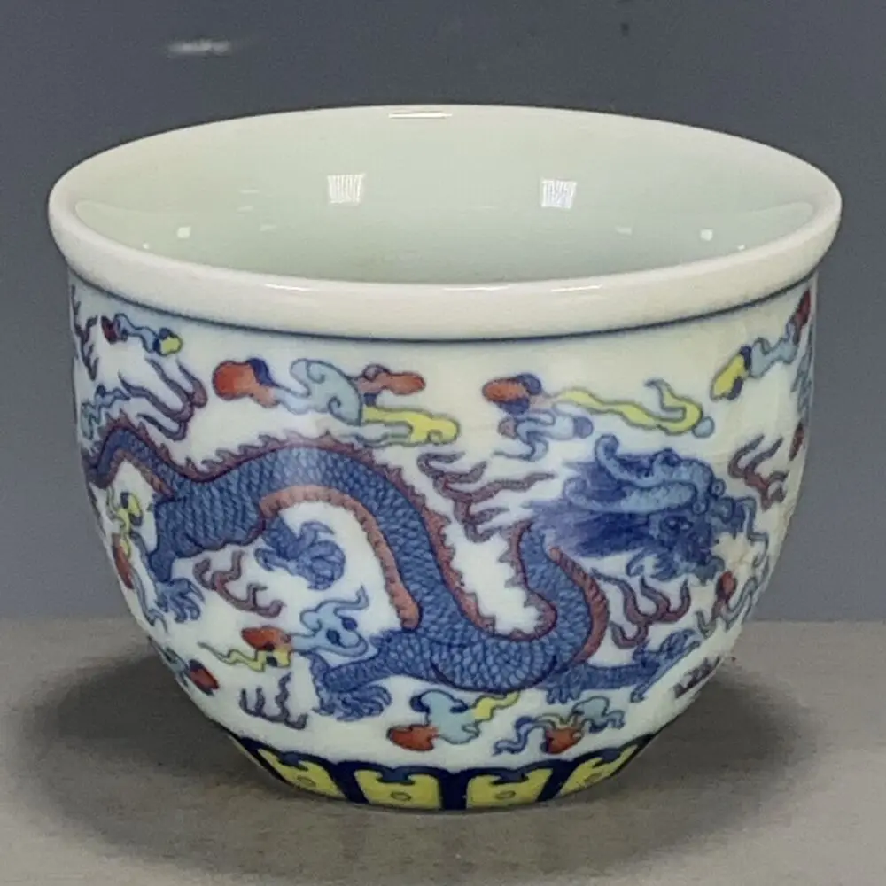 Chinese Ming Chenghua Blue & White Doucai Porcelain Dragon Phoenix Teacup 3.15