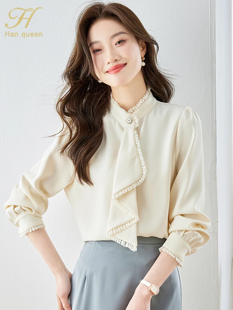 H Han Queen 2024 New Arrival Women\'s Clothing Sales Vintage Work Casual Tops Chiffon Blouses Elegant Ruffles Loose Women Blouse