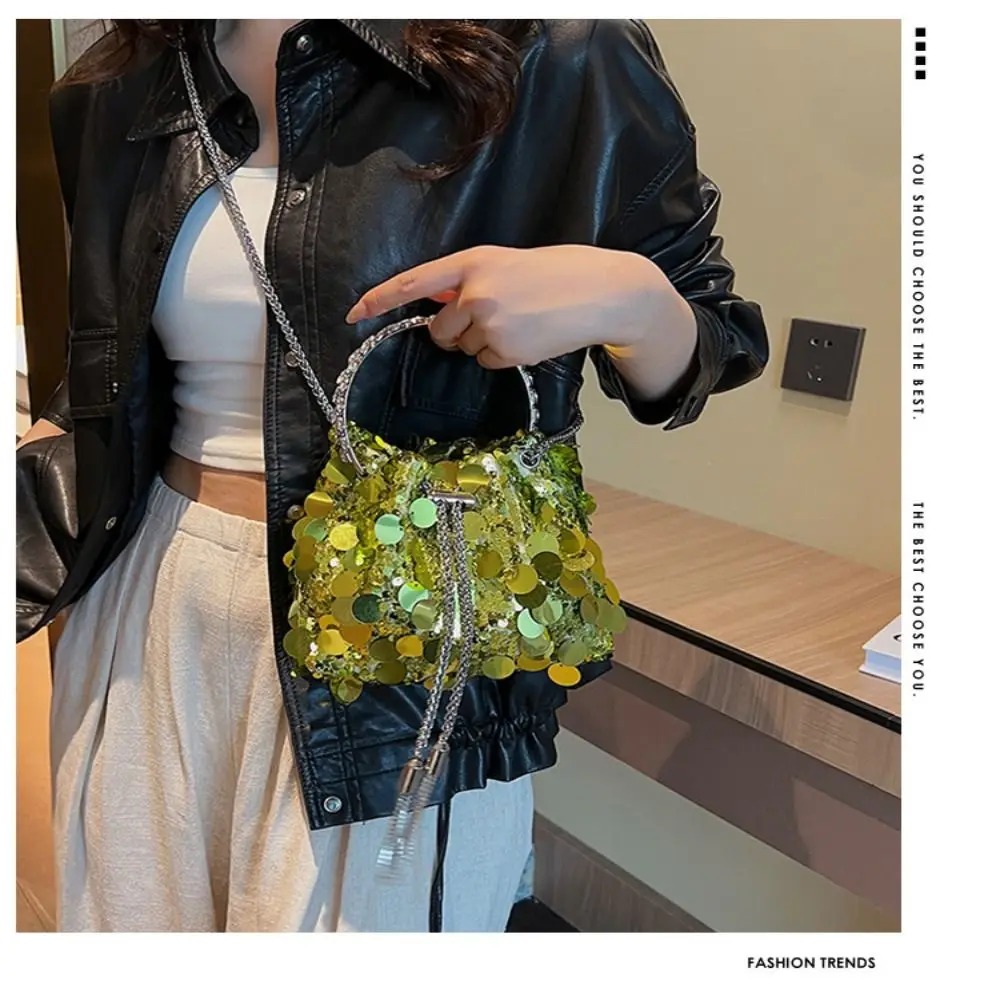 Fashion Women Sequin Shoulder Bag Mini Bucket Shiny Handbags Purses New Chain Crossbody Bags with Round Handle