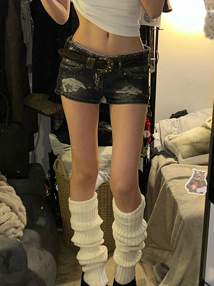 

American Y2K Large Size Waed Ripped Denim orts Women Sexy Low Waist Slimming Hot Pants A-Line Skirts Summer Wear