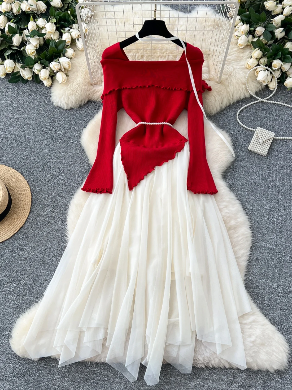 부드러운 바람 꽃 긴 소매 니트 메쉬 푹신한 하이 웨이스트 a 라인 요정 드레스 한국 스타일 통근 겨울 패션 트렌드