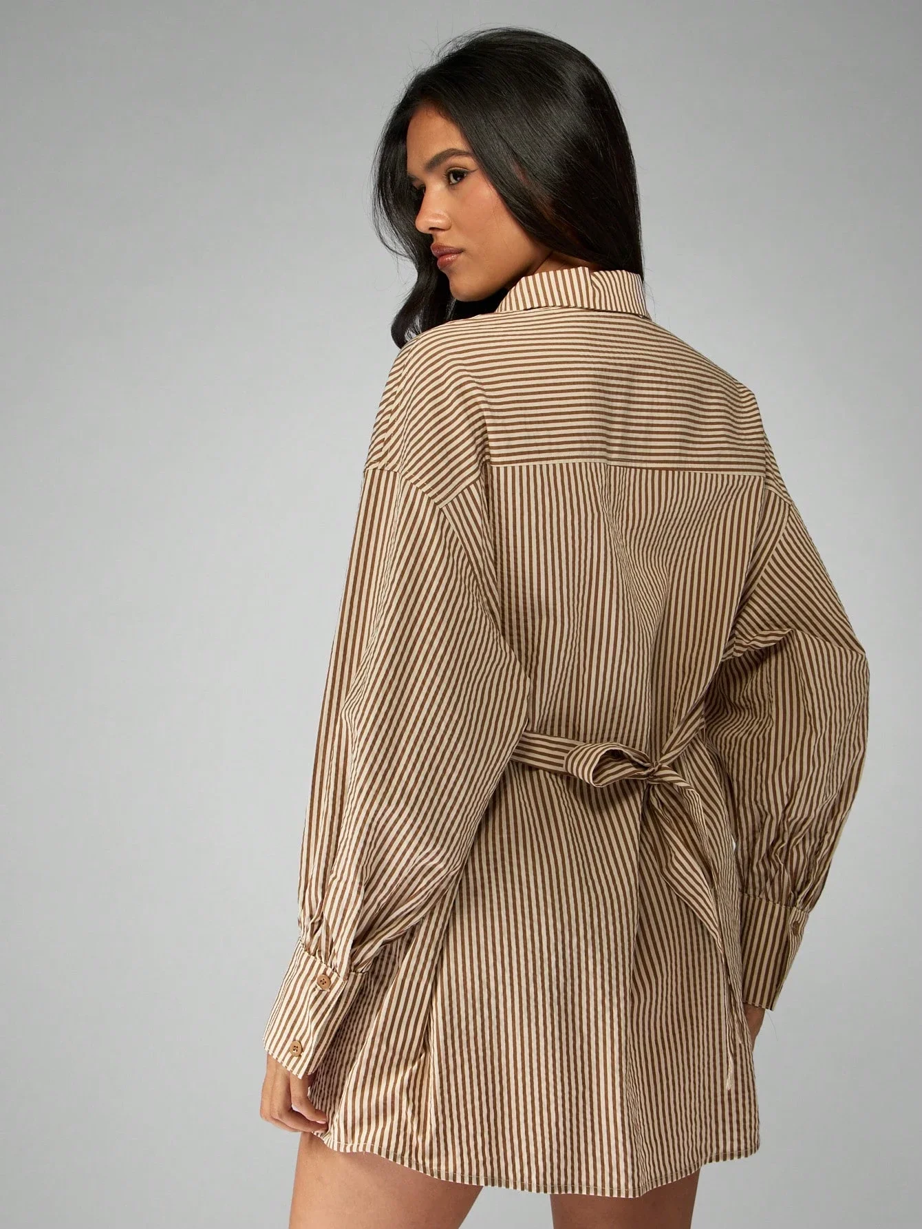 

Хлопковое полосатое платье-рубашка с пышными рукавами и воротником, мини-туника