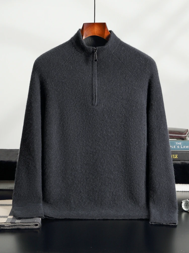 Men 100% Cashmere Pullover Sweater Autumn Winter Half Zip Mock Neck Long Sleeve Solid Soft Warm Base Layer Knitwear Smart Casual