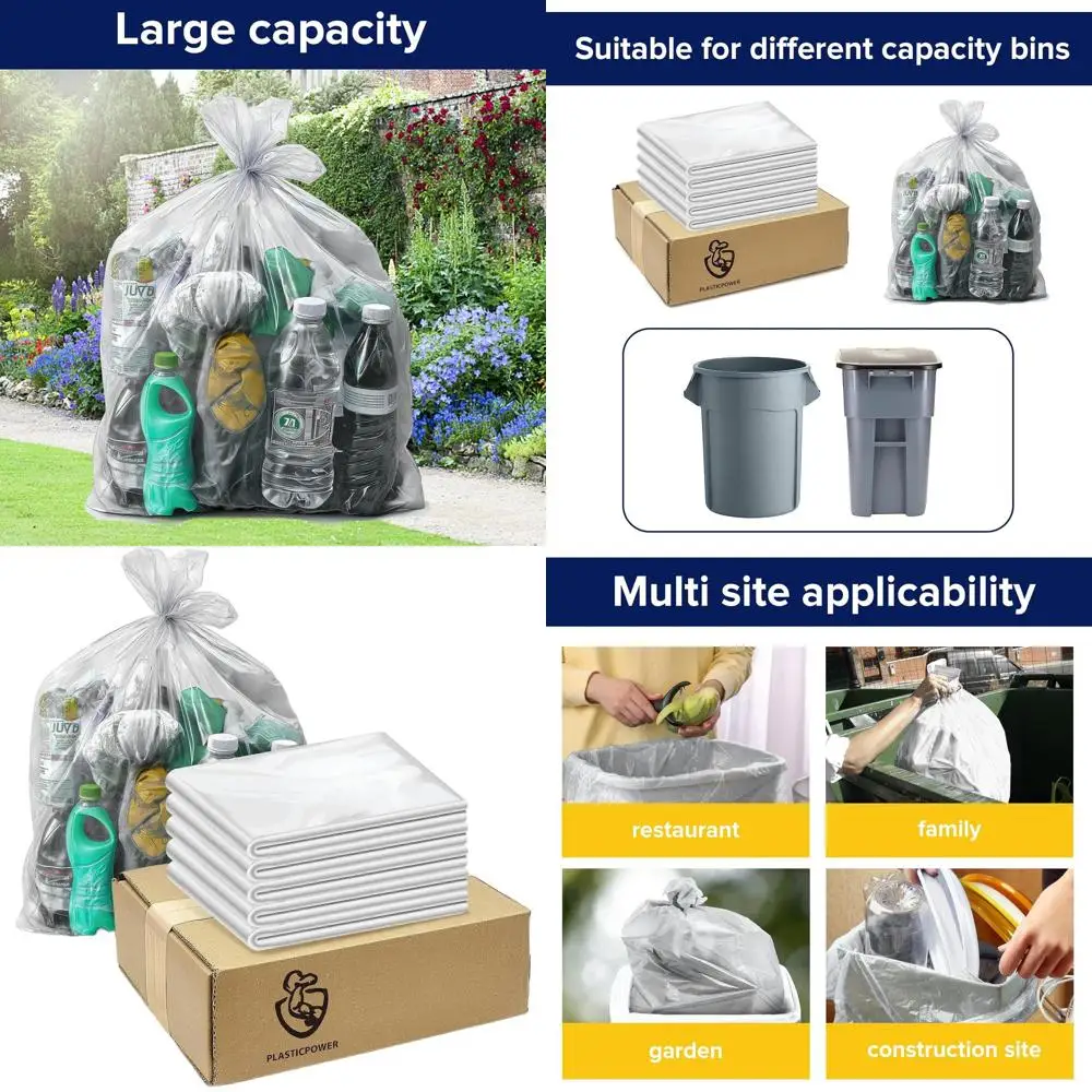 

200-Pack Heavy Duty Clear Trash Bags, 45-50 Gallons, 2 Mil Thick, Suitable for Kitchen, Yard, Building, Outdoor, and Hotel Use -