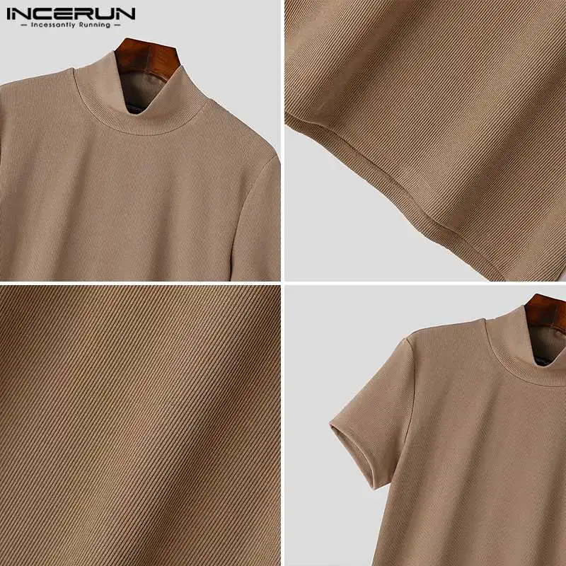 INCERUN Tops 2024 Korean Style Men\'s Simple Striped Half High neck T-shirt Summer Casual Male Solid Short Sleeved Camiseta S-5XL