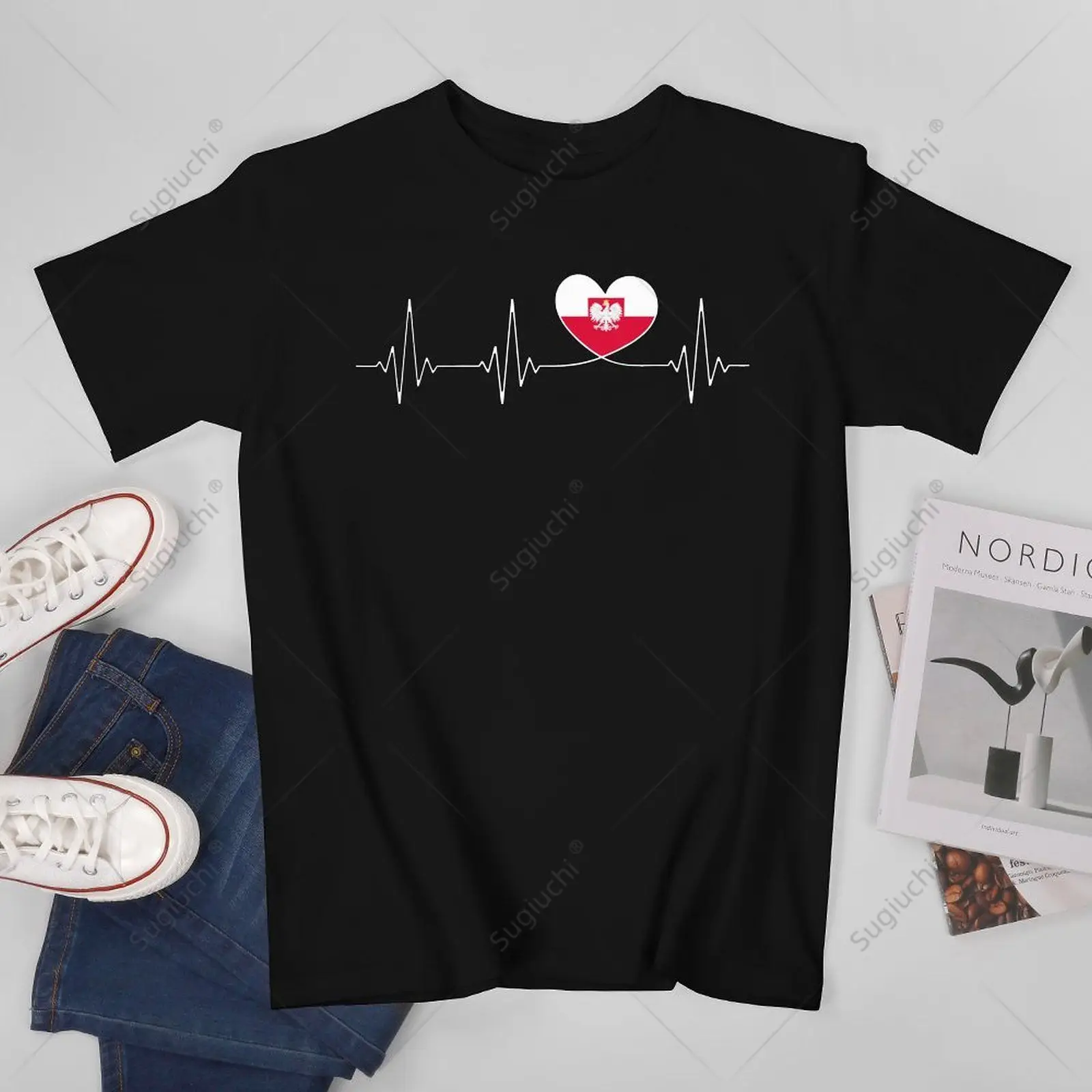 Unisex Men Poland Flag Polska Heartbeat I Love In Heart Tshirt Tees T Shirts Women Boys 100% Cotton T-Shirt