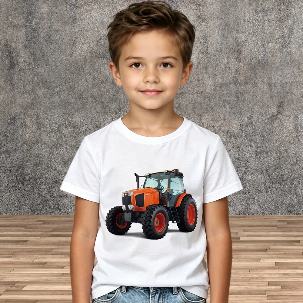 Boys Casual Summer Tops Cartoon Tractor Graphic Print Pure Cotton Children Tees Shirt