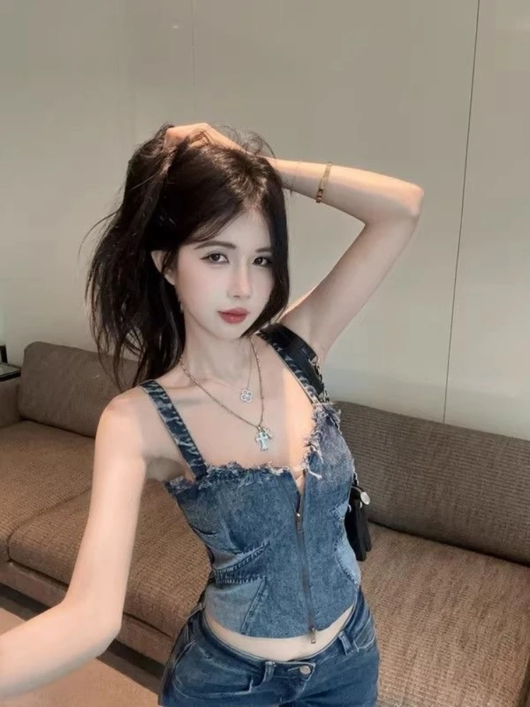 

Unique American Ruffle Denim Strap Vest Women's Summer Thai Spicy Girl One oulder Tube Top Small Top Exquisite Beau