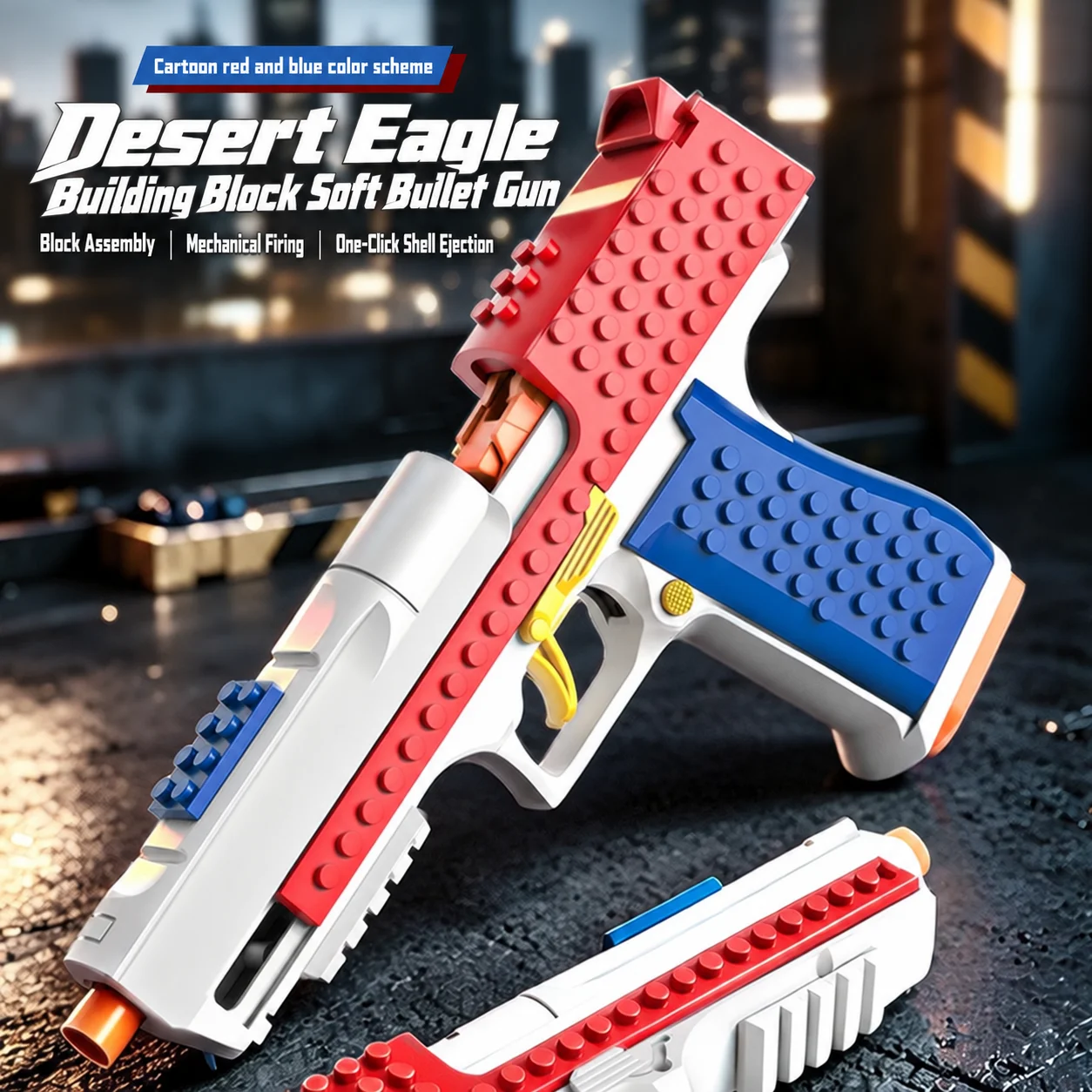 Soft Bullet Toy Gun with Shell Ejection Mechanical Linkage DIY Building Block Assembly Blaster Shooting Toy for Gift