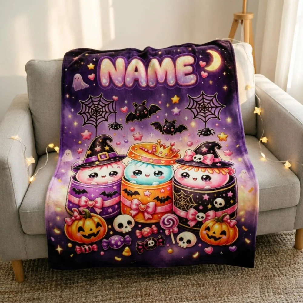 Kids Personalized Halloween Throw Blanket Custom Name Cute Cartoon Pumpkin Candy Design Soft Flannel Fleece Blanket Warm Gift
