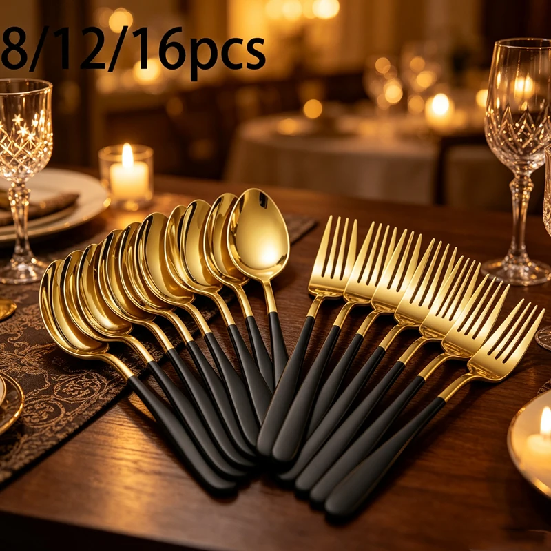 8/12/16pcs Gold Black 1010 Dessert Tableware Set, Stainless Steel Dessert Spoon Fork, Dessert, Coffee Shop Essential