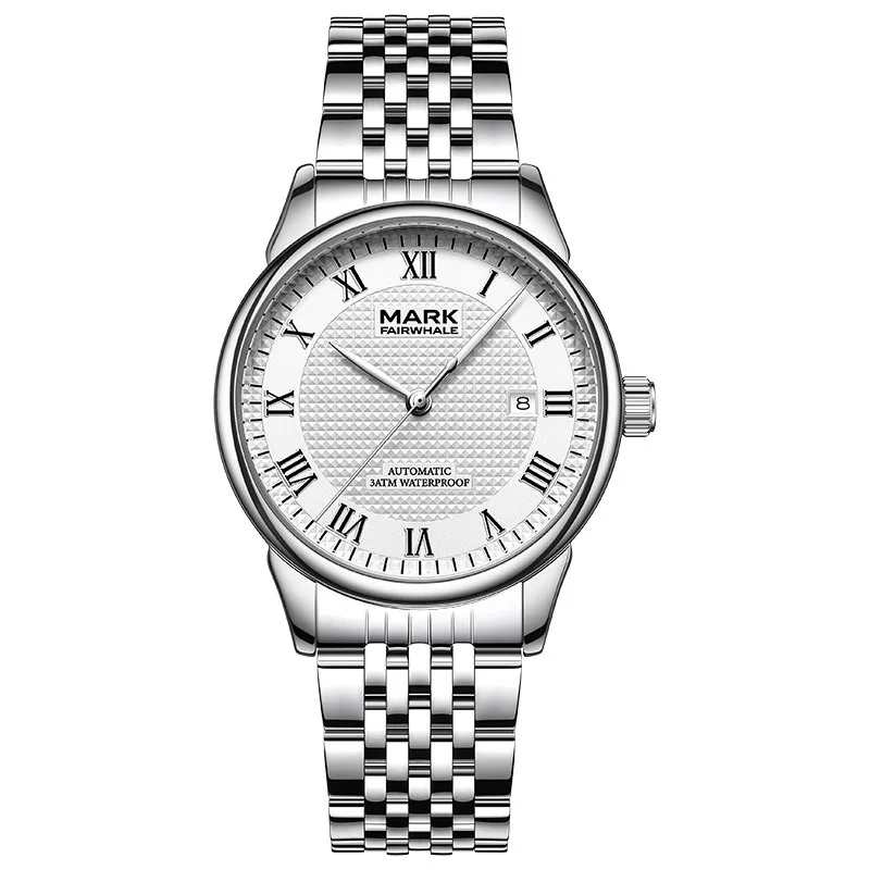 men trendy automatic mechanical watch screw down crown date window see through case back water resistance stainless steel strap