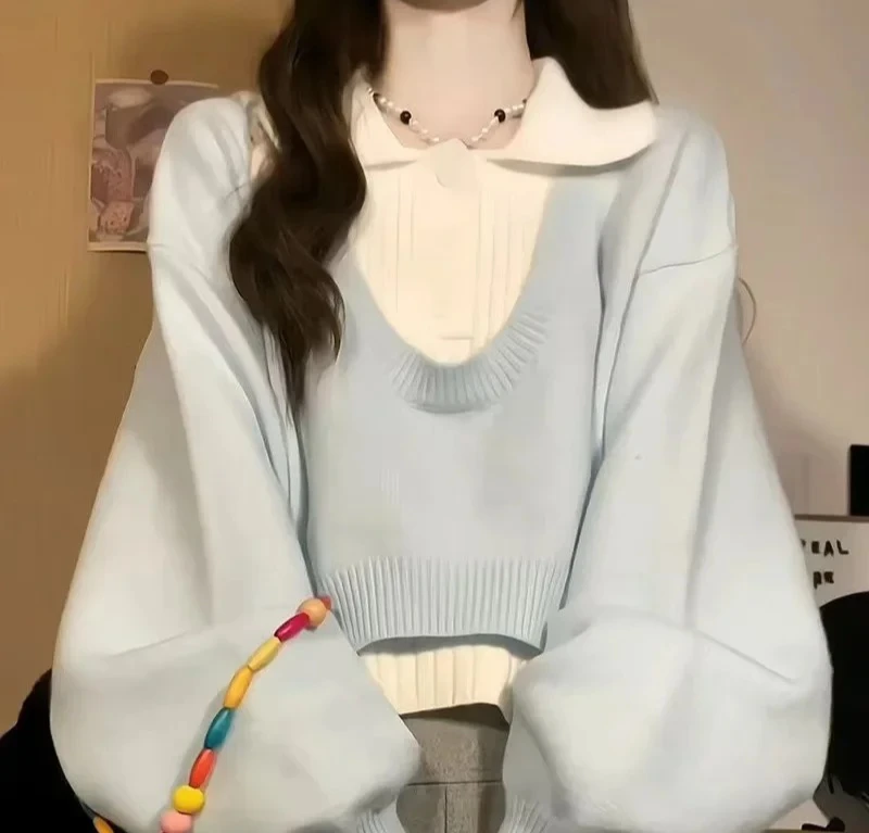 Conjunto de suéter de pescoço para mulheres primavera outono novo estilo redução de idade malha top cor bloco design estilo universitário