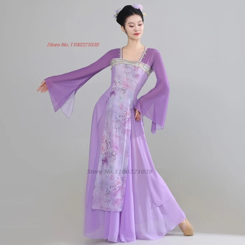 2025, chinesisches Vintage-Tanzkostüm, traditionelles Blumendruck-Mesh-Qipao-Kleid + Rock, Set, Retro-Bühnenaufführung, Tanzkleid, Hanfu