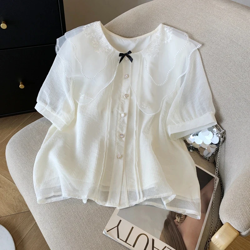 

Kawaii Bow Women Shirt French Peter Pan Collar Summer Sweet Loose Blouse Fashion All Match Button Cute Solid New Female Tops