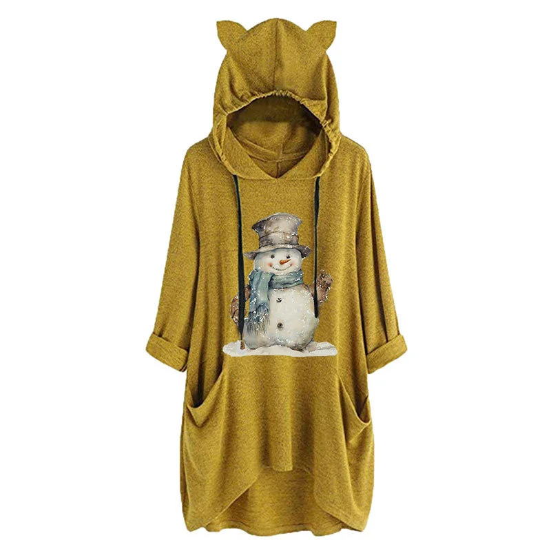 Autumn and winter warm season new cotton women's snowman top hat print fashion cute retro hooded cat ear hoodie