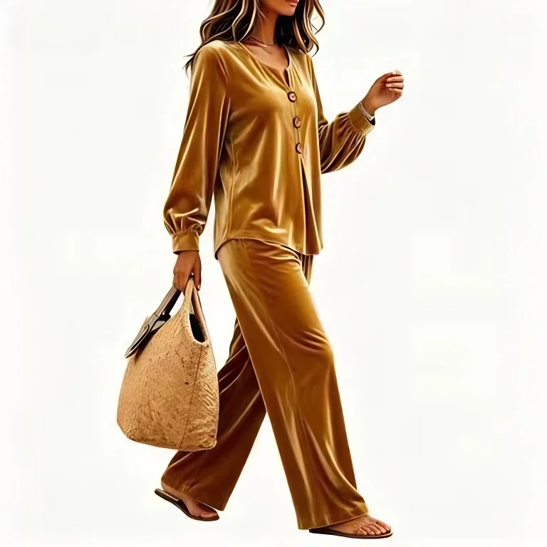 Damen-Outfit, bestehend aus zwei Teilen: Oberteil mit V-Ausschnitt und Knopfverzierung, lange, ausgestellte Ärmel, weite Hose, lässiger Herbst-/Winter-Look, passendes Set mit Taschen. – Detail 7