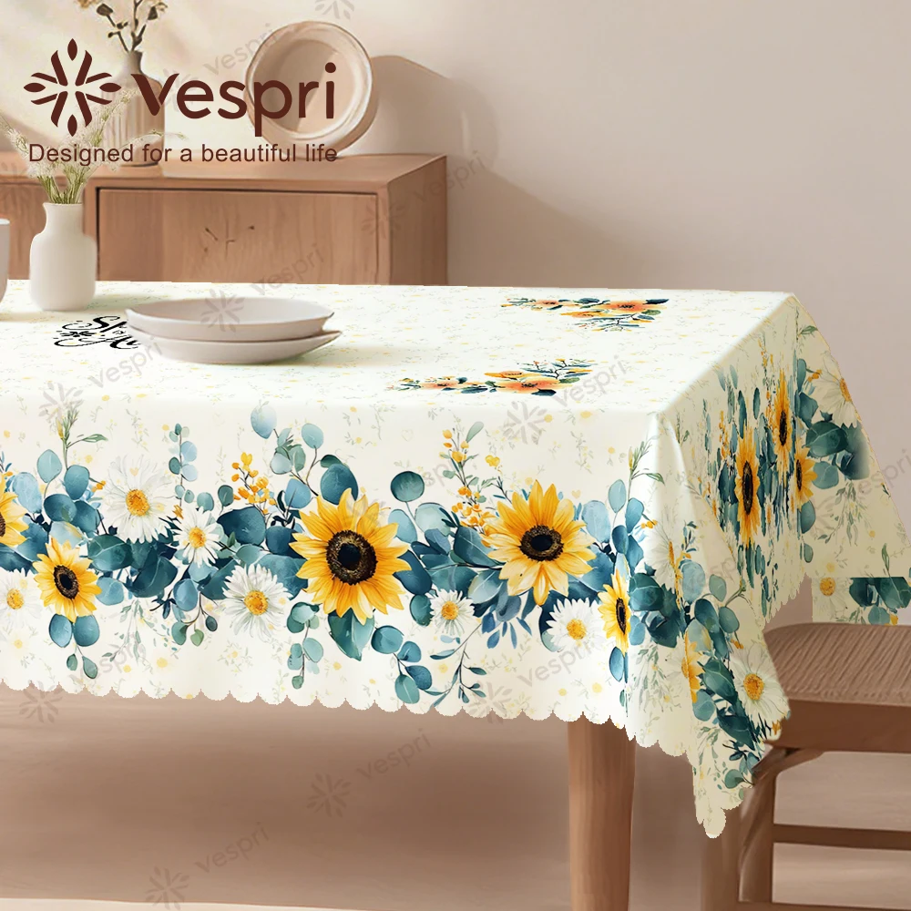 Vespri Spring Tablecloth Floral Pastel Easter Polyester with White Blue Sunflower Green Leaf Round Rectangle Oval