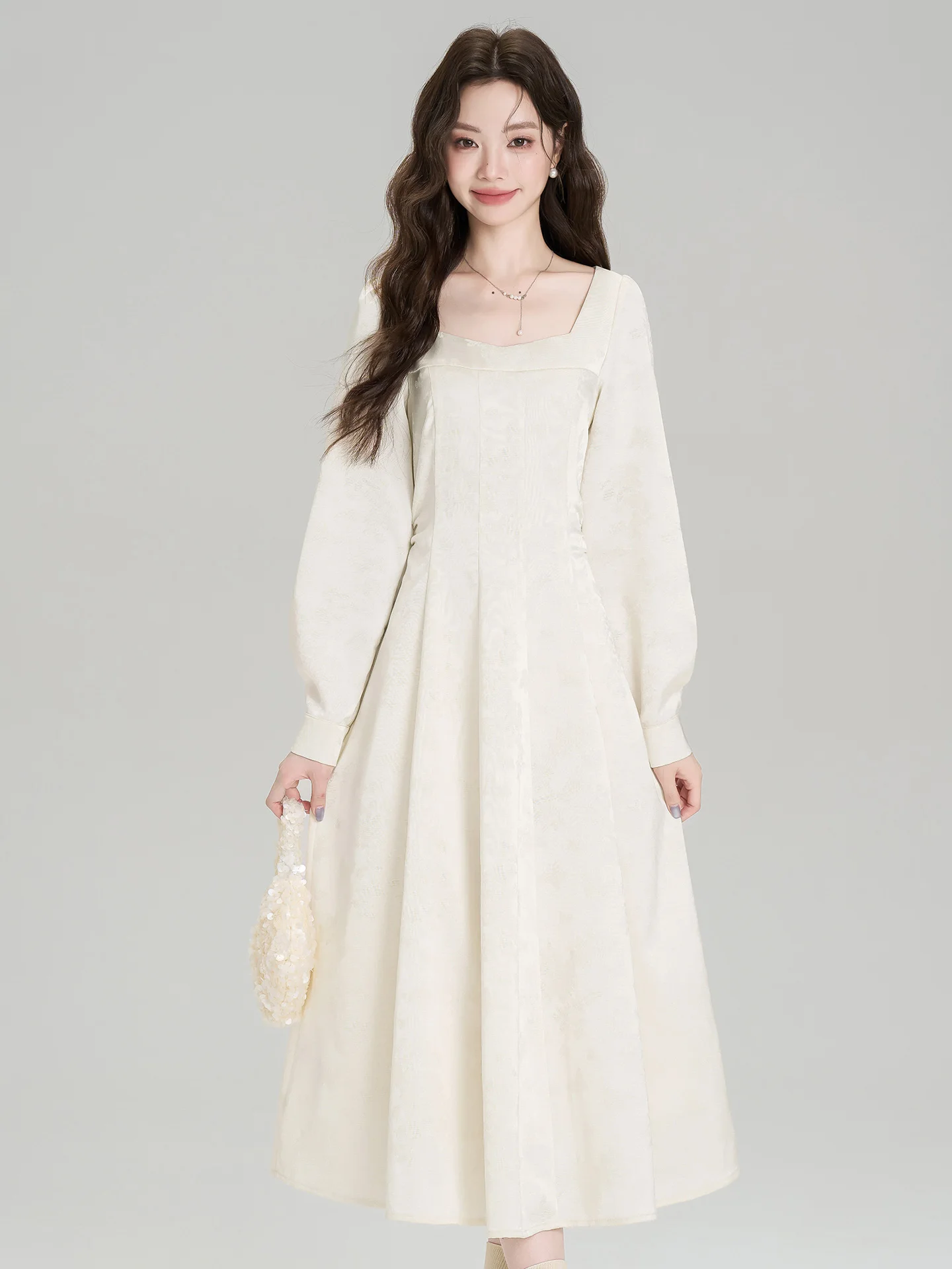 

Женское платье миди А-силуэта с цветочной вышивкой, квадратным вырезом, длинной юбкой, завышенной талией, облегающее, во французском стиле, для повседневной носки