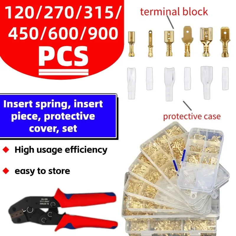 

Crimp Terminal Connector Kit Male Female Spade 2.8/4.8/6.3mm with Insulated Sleeves & Crimping Tool 120/270/315/450/600/900 PCS