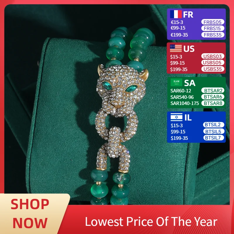 

Vintage Rhinestones Leopard Head Bangles Women Bracelet Luxury Brand Green Eye Gold Color Belt Buckle Retro Jewelry Accessories